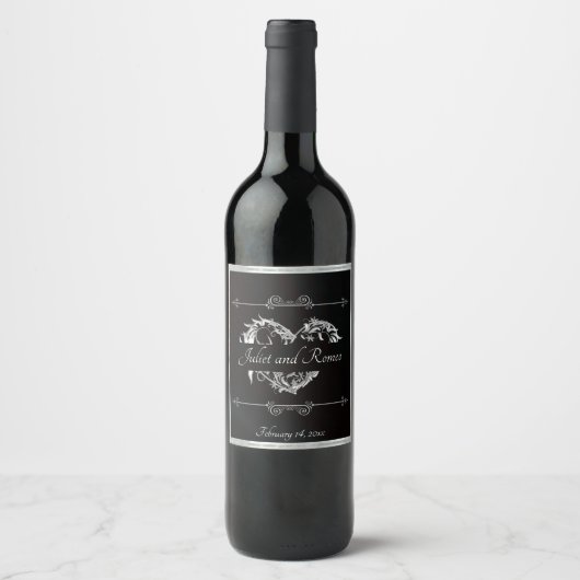 Scroll Heart Monogramm - Schwarz Weinetikett (Vorderseite)