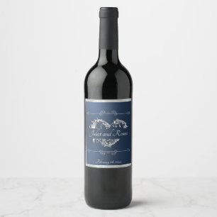 Scroll-Herz-Monogramm - Blau Weinetikett