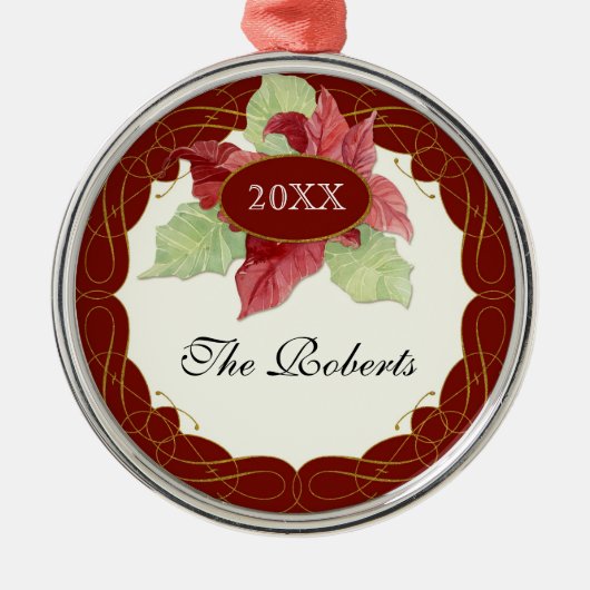 Scroll Swirt Scroll Art Weihnachten Poinsettia Per Ornament Aus Metall (Vorne)