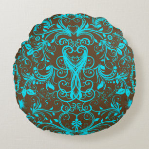 Scroll Work, Aqua Blue Round Throw Kissen