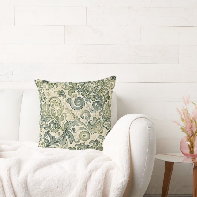 Scrolled Acanthus Sage und Aquamarin Kissen (Liege)