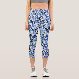 Scrolled Leaf Blue Capri Leggings