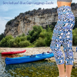 Scrolled Leaf Blue Capri Leggings