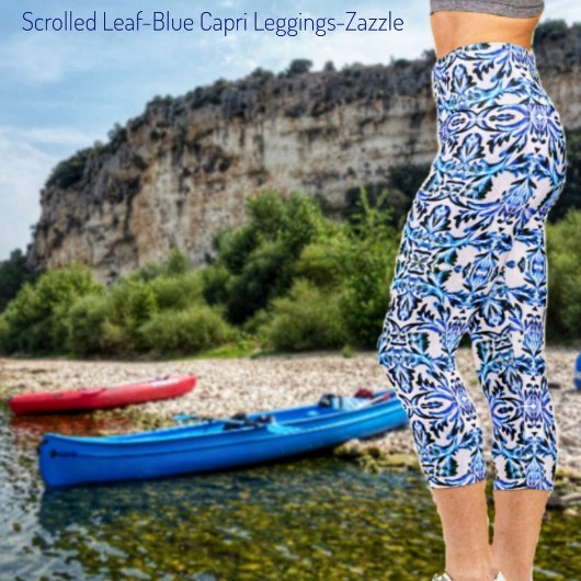 Scrolled Leaf Blue Capri Leggings
