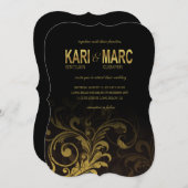 Scrollhochzeit Blühend| Schwarz und Gold Einladung (Vorne/Hinten)