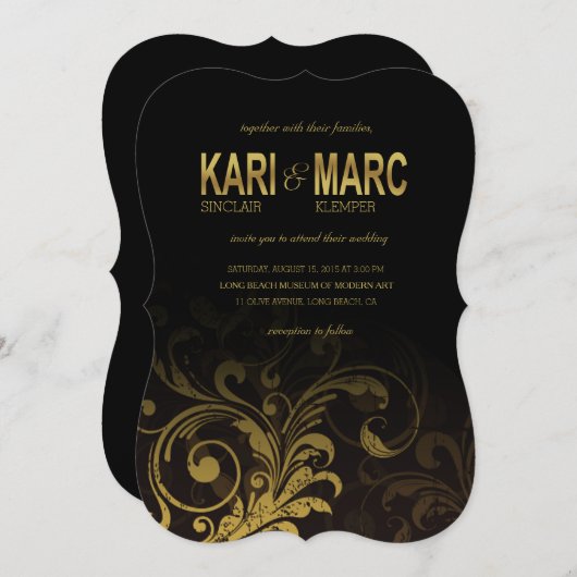 Scrollhochzeit Blühend| Schwarz und Gold Einladung (Vorne/Hinten)