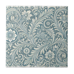 Scrolling Damask Pattern in Soft Blue und Ivory Fliese