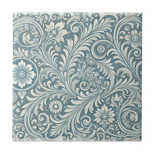 Scrolling Damask Pattern in Soft Blue und Ivory Fliese (Vorderseite)