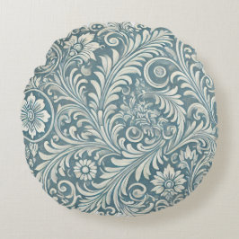 Scrolling Damask Pattern in Soft Blue und Ivory Rundes Kissen