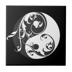 Scrolling Yin Yang Symbol (schwarz) Fliese