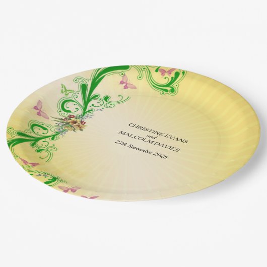 Scrolls und Schmetterlinge Pappteller (Schrägansicht)