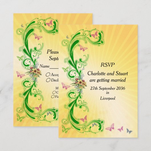 Scrolls und Schmetterlinge RSVP Karte (Vorne/Hinten)