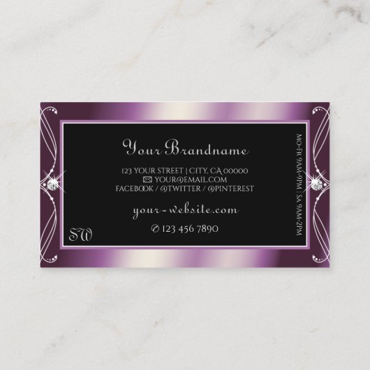 Scrollwork Black Lila Sparky Diamonds Monogram Visitenkarte (Rückseite)