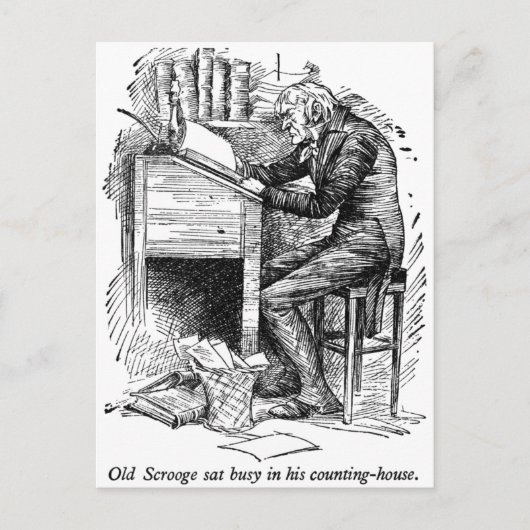 Scrooge am Schreibtisch (mit Text) Postkarte (Vorderseite)