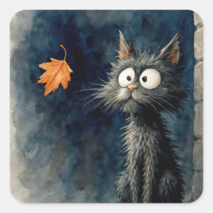 Scruffy Black Alley Cat mit Herbstleaf Quadratischer Aufkleber