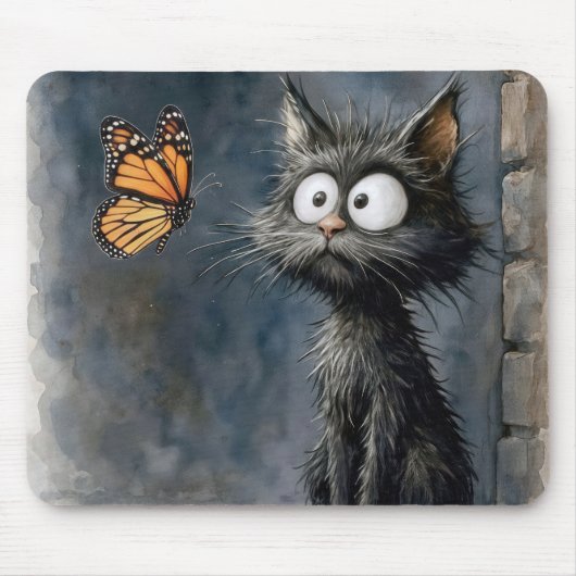 Scruffy Cat Staring at a Butterfly Mousepad (Vorne)