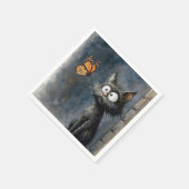 Scruffy Cat Staring at a Butterfly Serviette (Ecke)