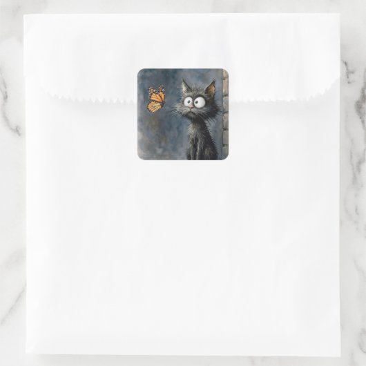 Scruffy Cat Staring at a Monarch Butterfly Quadratischer Aufkleber (Tasche)