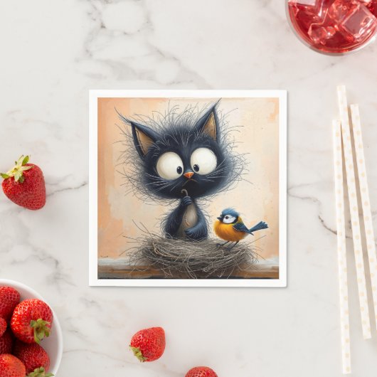 Scruffy mit Augen Katze, die einen Wurm für einen Serviette (Beispiel)