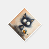 Scruffy mit Augen Katze, die einen Wurm für einen Serviette (Ecke)