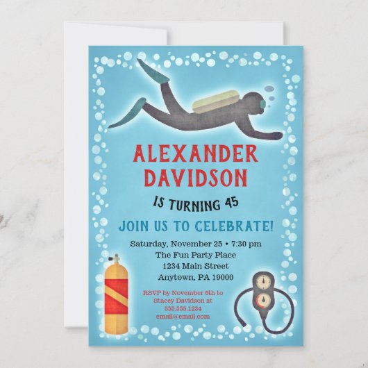 Scuba Birthday Einladung Scuba Diver (Vorderseite)