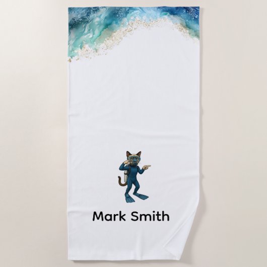 Scuba Cat Diving Blue Wet Suit with your name Strandtuch (Vorderseite)