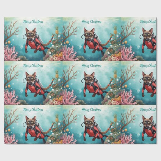 Scuba Cat Underwater Holiday  Merry Christmas  Geschenkpapier (Flach)