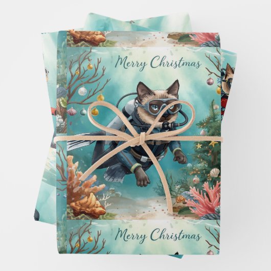 Scuba Cat Underwater Holiday  Merry Christmas  Geschenkpapier Set (Beispiel)