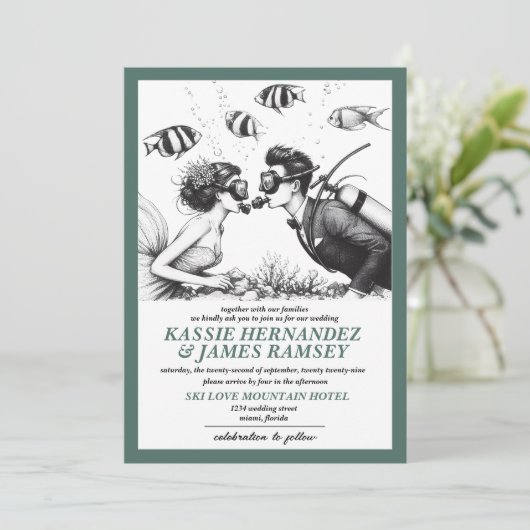 Scuba Couple Wedding Einladung (Stehend Vorderseite)