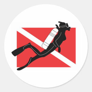 SCUBA Diver Down Flag mit weiblichem Diver Runder Aufkleber