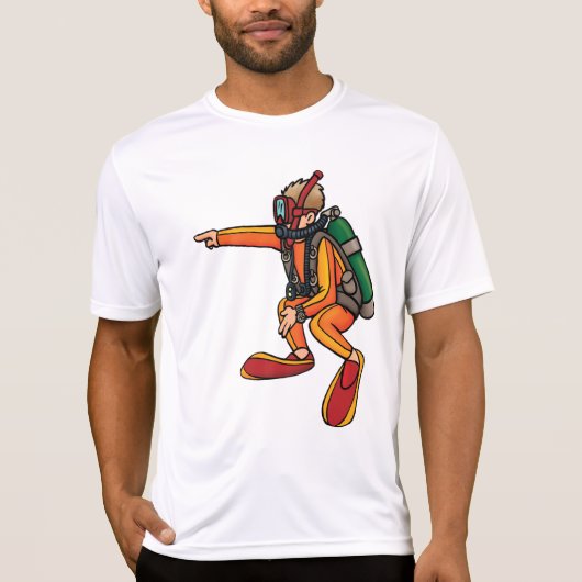 Scuba Diver in Orange Wetsuit Pointing T-Shirt (Vorderseite)