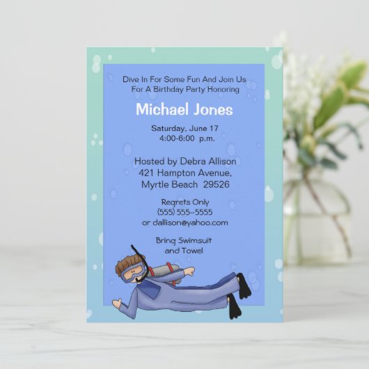 Scuba Diver Pool Party Geburtstag Einladung (Stehend Vorderseite)