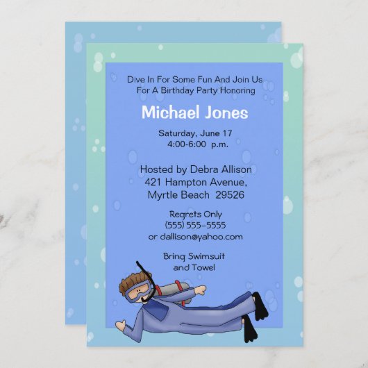 Scuba Diver Pool Party Geburtstag Einladung (Vorne/Hinten)