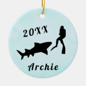 Scuba Diver & Shark Ocean Sea Underwater Diving Keramik Ornament (Vorne)