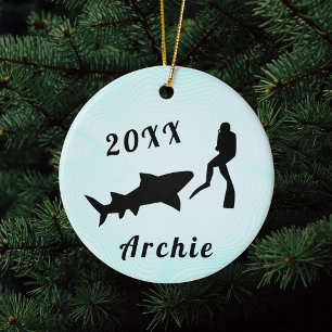Scuba Diver & Shark Ocean Sea Underwater Diving Keramik Ornament