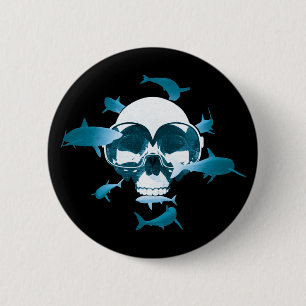 Scuba Diving Skull and Sharks Graphic Design Button