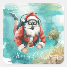 Scuba Santa Underwater Merry Christmas Quadratischer Aufkleber