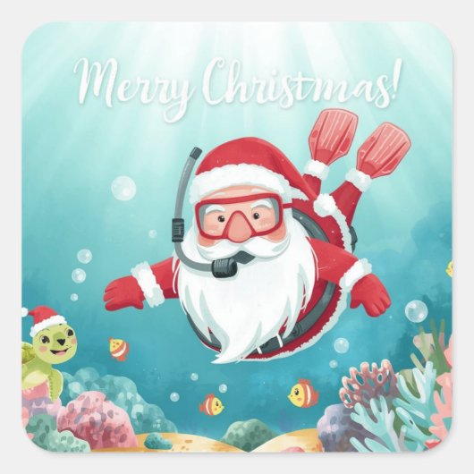 Scuba Santa Underwater Merry Christmas Quadratischer Aufkleber (Vorderseite)
