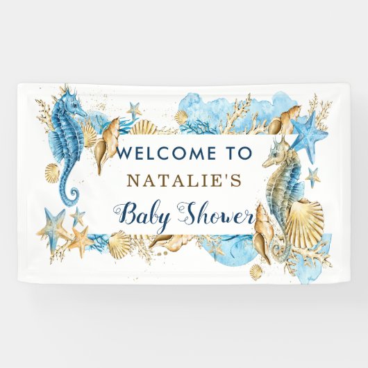 Sea and Beach Blue Gold Baby Dusche Banner (Horizontal)