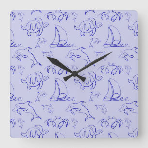 Sea animals and sailboat one line drawing pattern  quadratische wanduhr