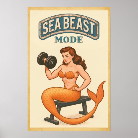 Sea Beast Mode Mermaid - Retro Pin-Up Gym Fitness Poster (Vorne)