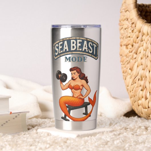 Sea Beast Mode Mermaid - Retro Pin-Up Gym Fitness Thermobecher (Wohnzimmer (gedreht))