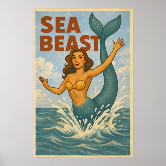 Sea Beast Retro Mermaid | Funny Coastal Beach Art Poster (Vorne)