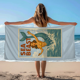 Sea Beast Retro Mermaid | Funny Coastal Beach Blue Strandtuch