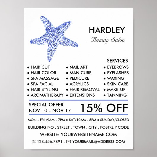 Sea Blue Beach Starfish, Beautician, Schönheitssal Poster (Vorne)