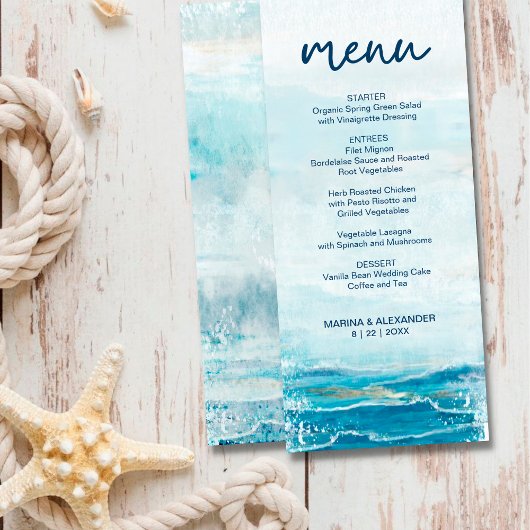 Sea Blue Beach Waves Watercolor Coastal Wedding Menükarte