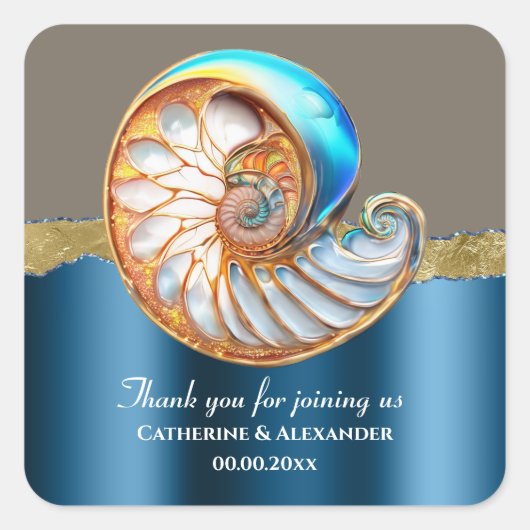Sea Blue Gold Conch Shell Thank You Quadratischer Aufkleber (Vorderseite)