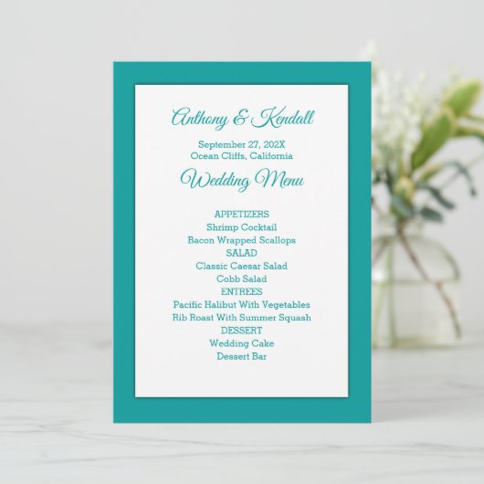 Sea Blue Green Wedding Menu Template Menükarte (Stehend Vorderseite)