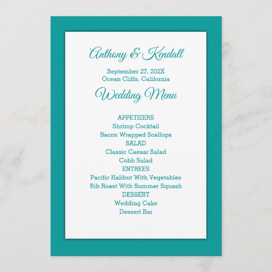 Sea Blue Green Wedding Menu Template Menükarte (Vorderseite)