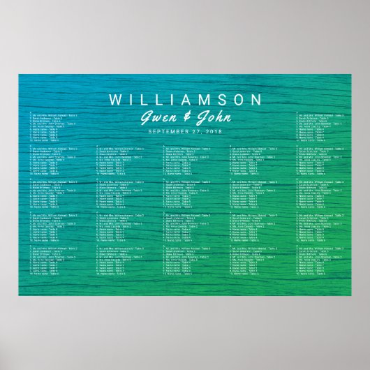 Sea Blue n Green Wedding Reception Seating Chart Poster (Vorne)